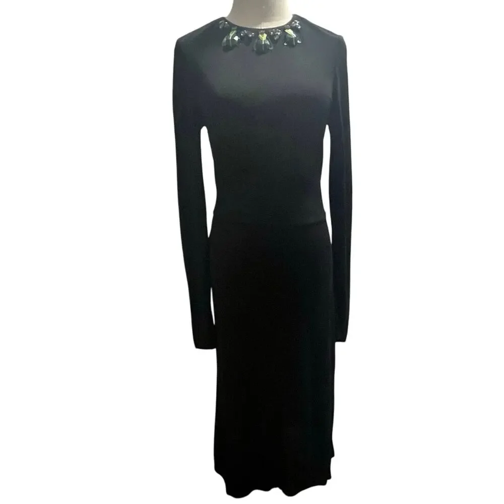 Tory Burch Black Deena Beetle‎ Embellished Rhinestone Rayon Stretch Dress Sz Xs